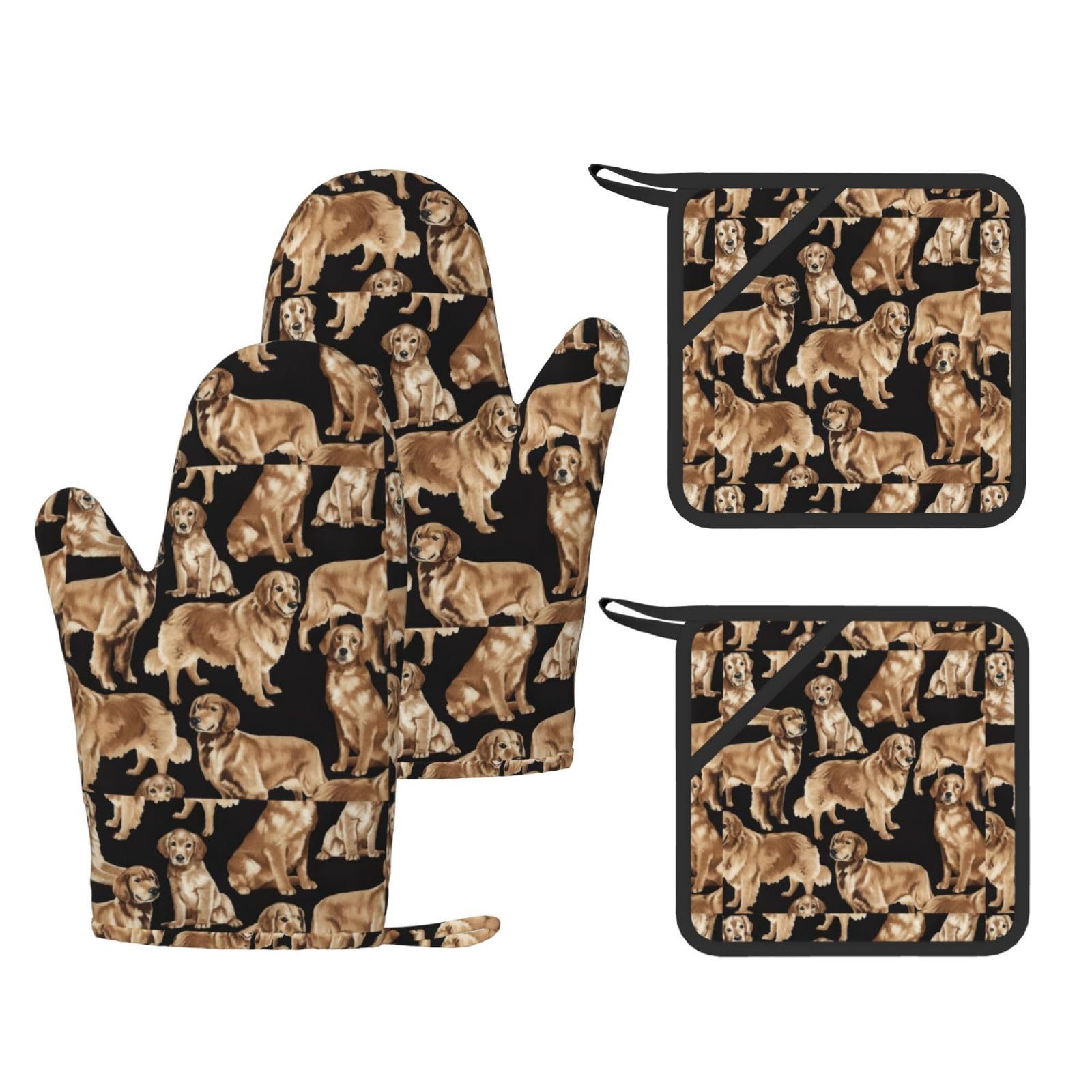 Golden Retrievers Printed Oven Mitts and Pot Holders Set of 4, Heat Resistant Silicone Gloves for Baking Grilling