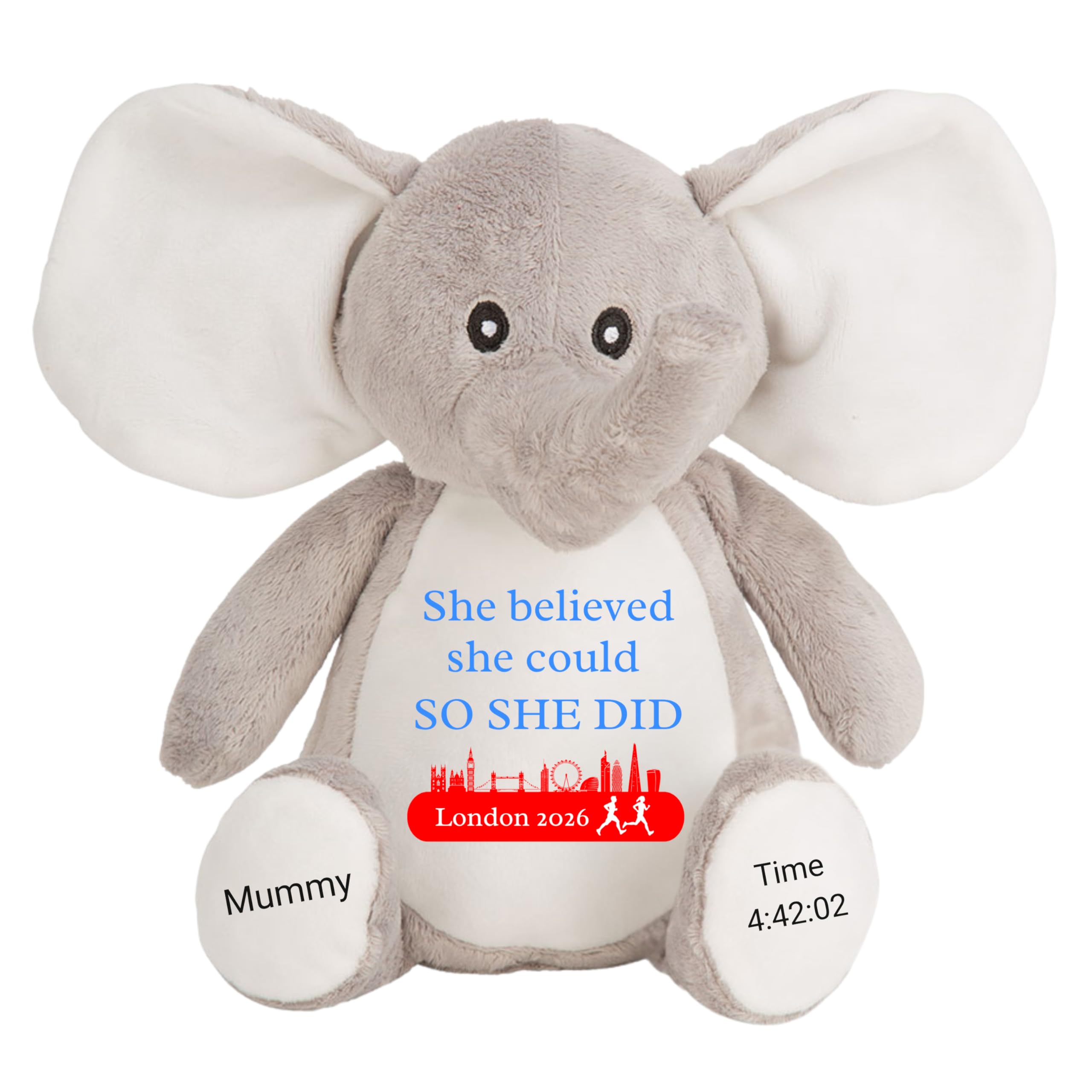 Marathon Gift Cuddly Toy - Personalised London 2026 Teddy She Believed She Could So She Did Customised Runner Running Finish Medal Congratulations Well Done Run Soft Cuddly Plushie - Grey Elephant — image 1