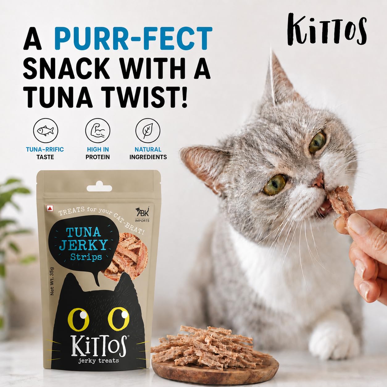 Kittos Cat Treats Multi-Flavour Pack High Protein Cat Snacks with Chicken Salmon Rings Tuna Jerky & Snapper Jerky Strips Pack of 4 35g Each Healthy Training Treats 3
