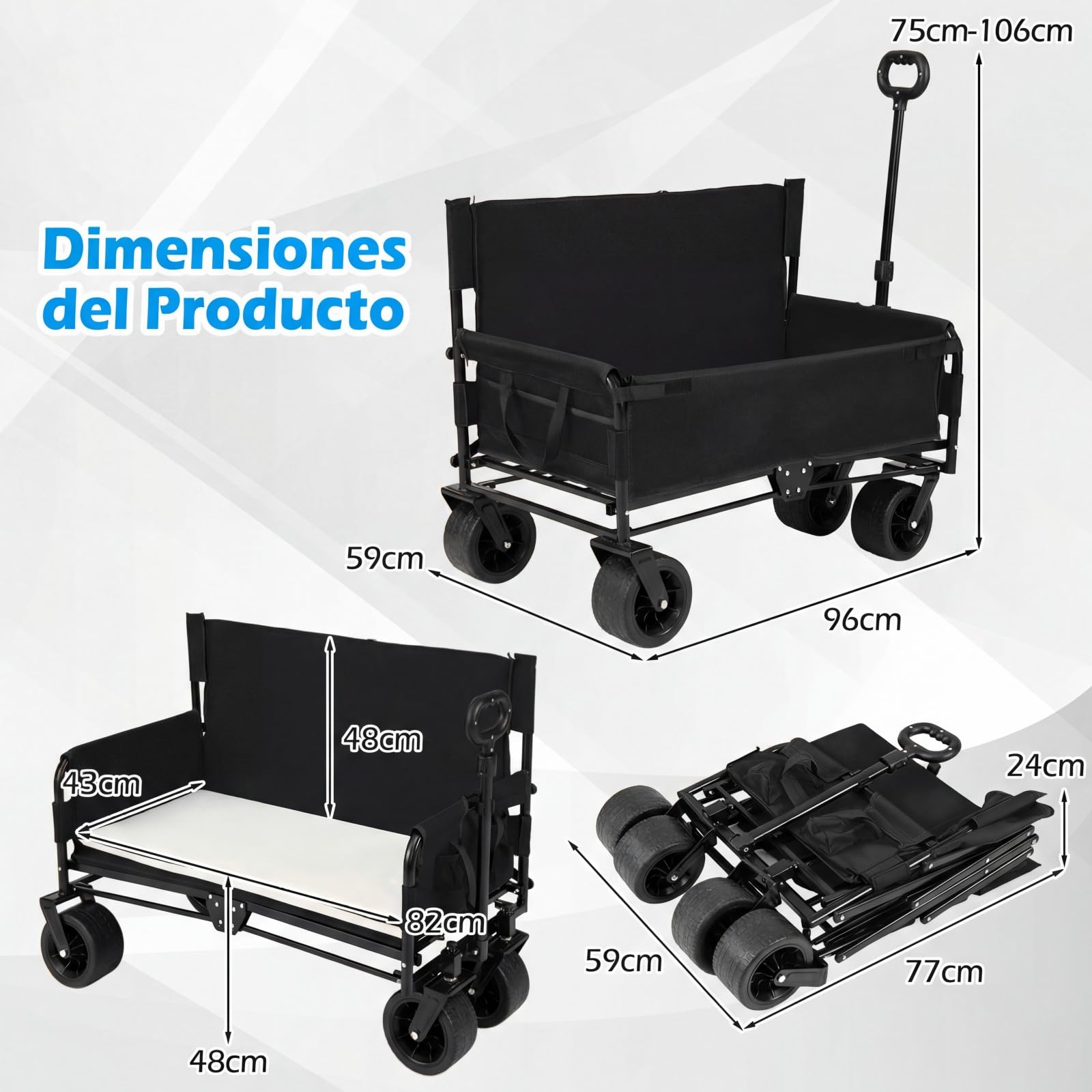 COSTWAY 2 en 1 Banco y Carro Plegable con Ruedas Grandes, Carro Playa, Jardín con Asa Ajustable, Cojines y Ruedas, para Transporte, Camping, Playa y Compras, Carga 80kg, 96x59x75-106 cm (Negro)