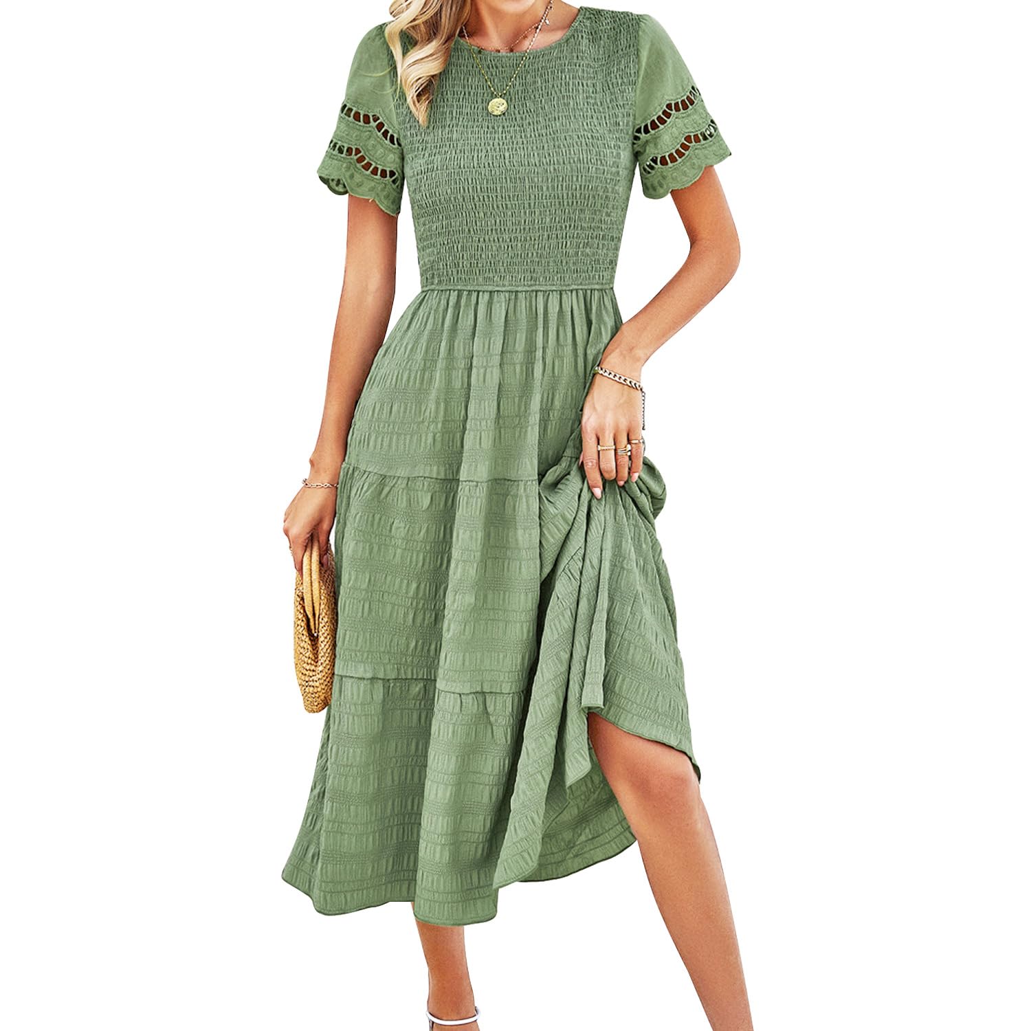 EYYECAN Damen-Sommerkleid, lässig, V-Ausschnitt, Rüschenärmel, gesmokt, hohe Taille, Midi-Kleid