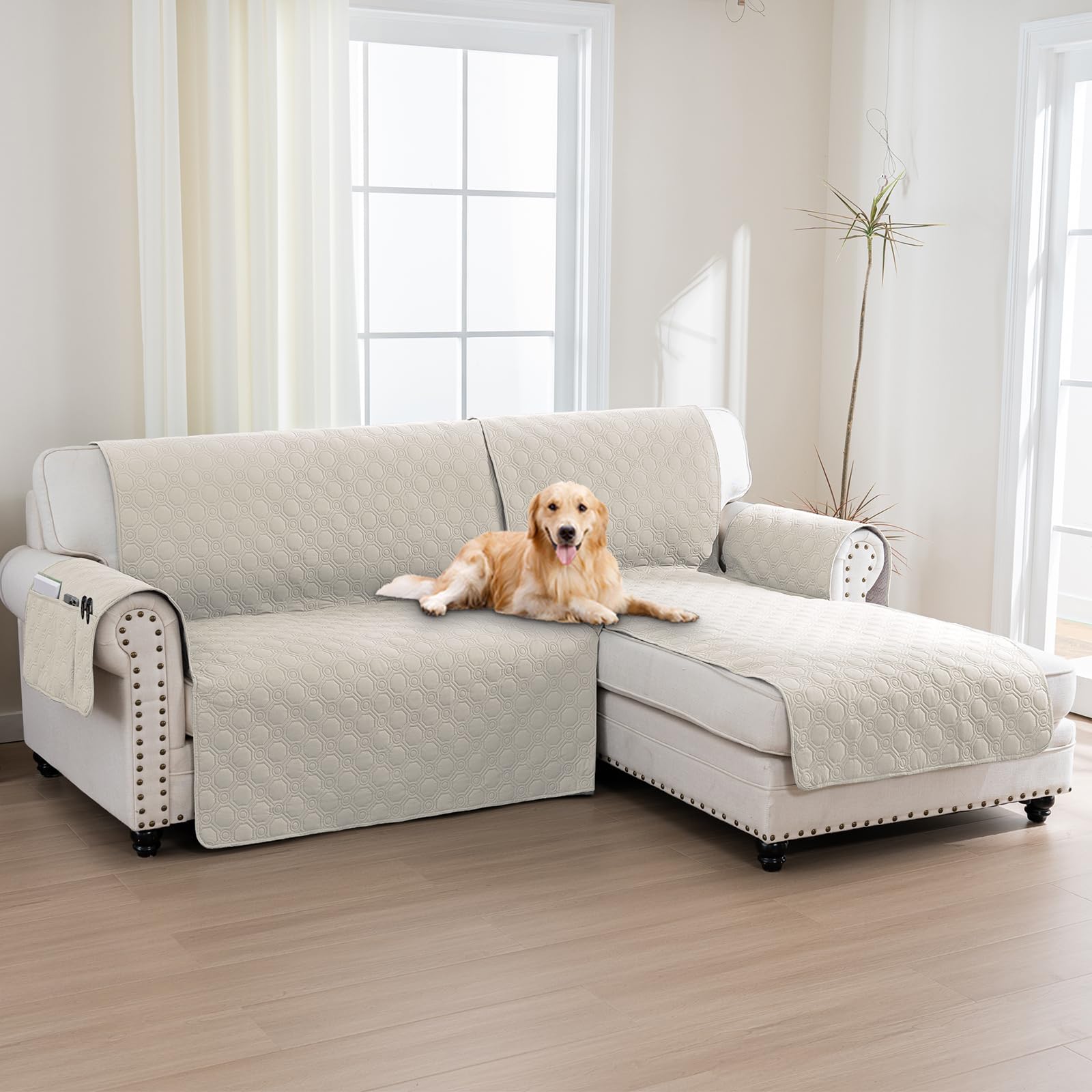 H.Versailtex 100% Waterproof Sofa Slipcovers for Sectional Sofa 2-Piece Corner Sofa Cover Sectional Couch Cover L Shaped, Seat Width 205CM(Right Chaise Lounge Cover+2 Seat Sofa Cover,Frenchoak)