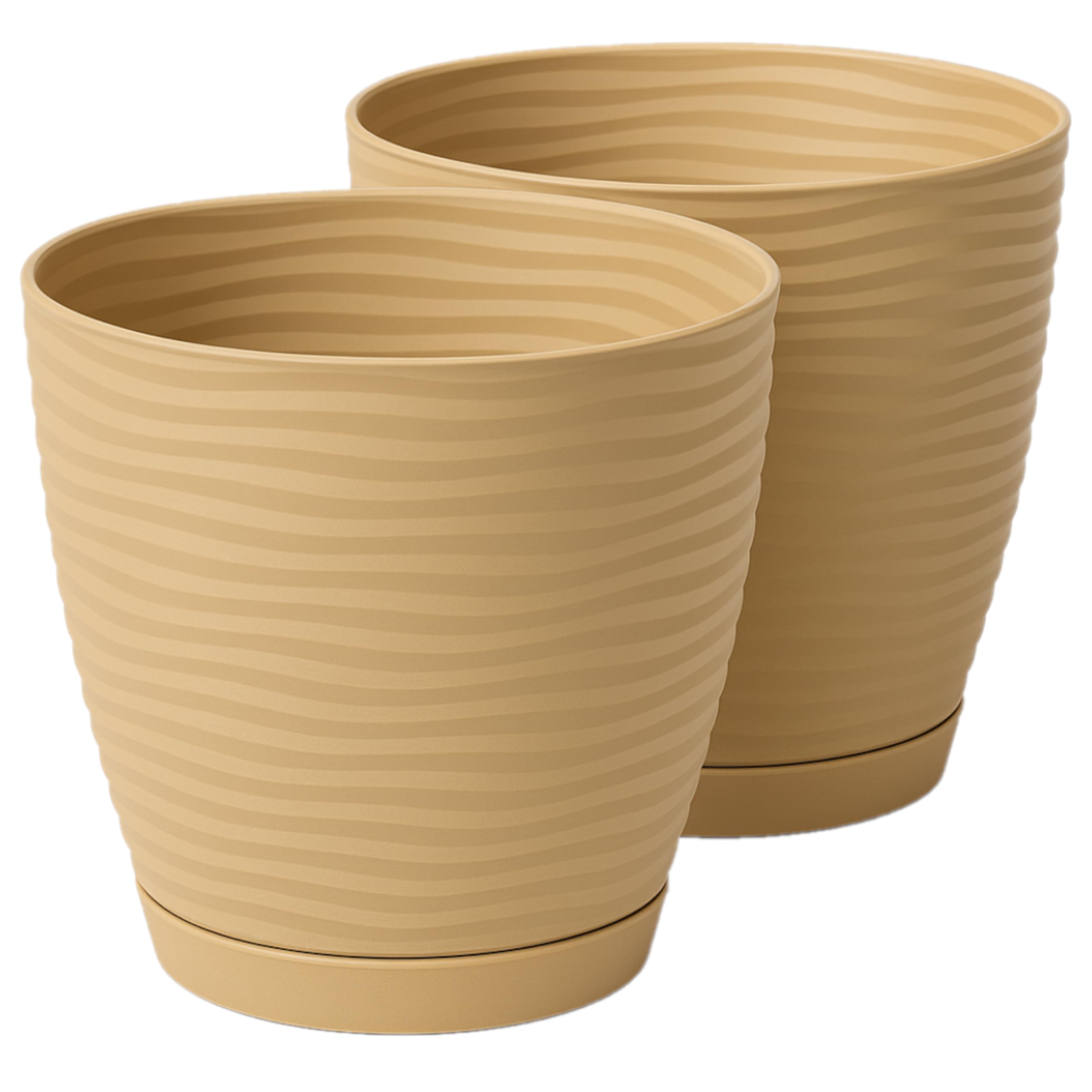 Home Garden Ornaments Large Plant Pots Indoor – Set of 2 Plastic Flower Pots with Saucer and Drainage Holes, Decorative 3D Wave Design (Beige, 17cm / 6.7 inch) — image 1