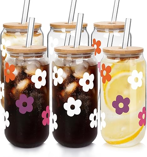 Mason Life Vasos de vidrio con tapas y pajitas, vasos de vidrio en forma de lata de 20 onzas, vasos para beber, vasos de café helado, taza