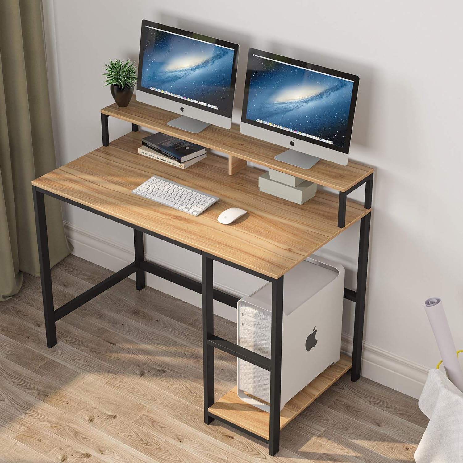 Priti Computer Desk with Storage Shelves Small Writing Desk with Bookshelf Industrial Home Office Desk with Metal Frame Study Table for Bedroom 2