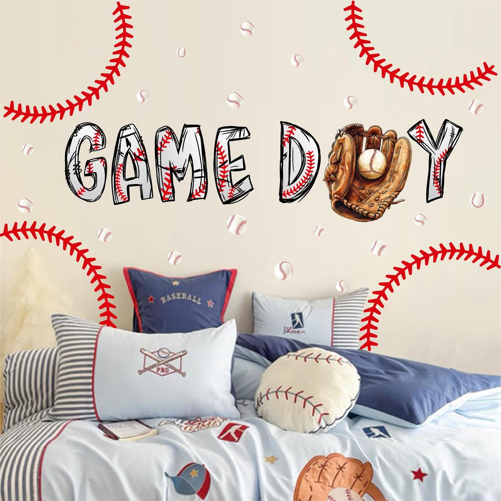 Baseball Stitch Wall Stickers 3D Baseball Wall Decals Peel and Stick Stitches Decals Ball Game Decoration Sport Theme Wall Stickers for Boys Room