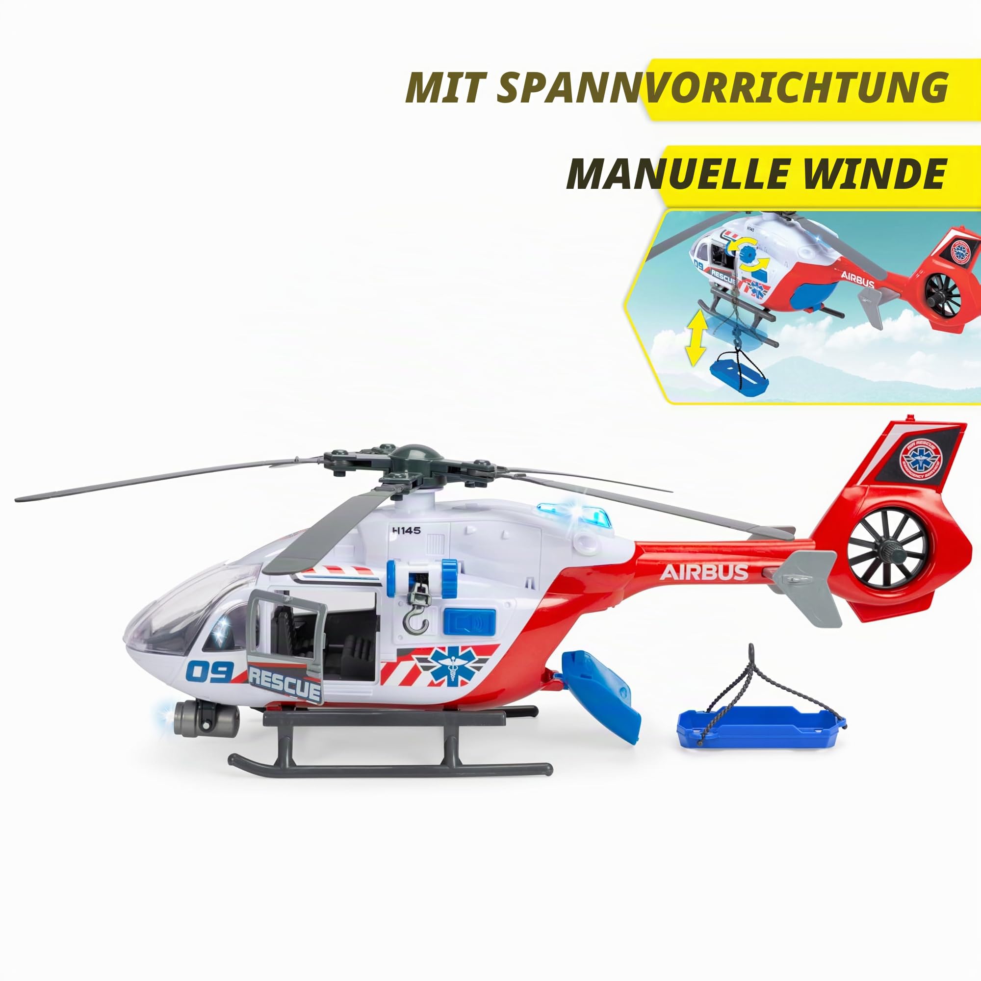 Dickie Toys - Giant Helicopter Airbus H145 (54 cm) - großer Spielzeug-Hubschrauber mit Aufzieh-Propeller, Licht, Sound und Zubehör für Kinder ab 3 Jahre, inkl. Batterien