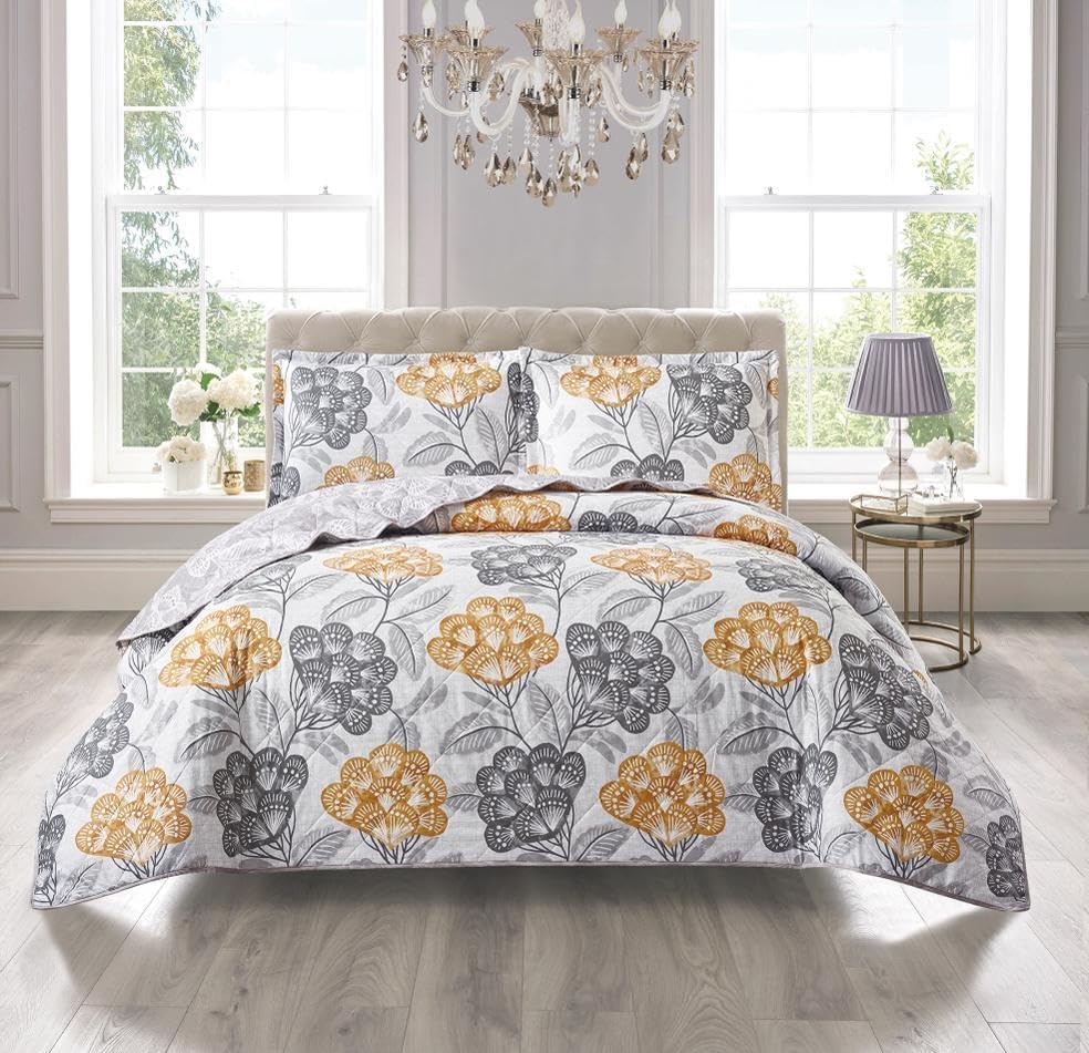 Householdfurnishing 3 Piece Printed Patchwork Bedspread Quilted Bed Throw Comforter with Pillow Shams (Bloom Ochre, Single)