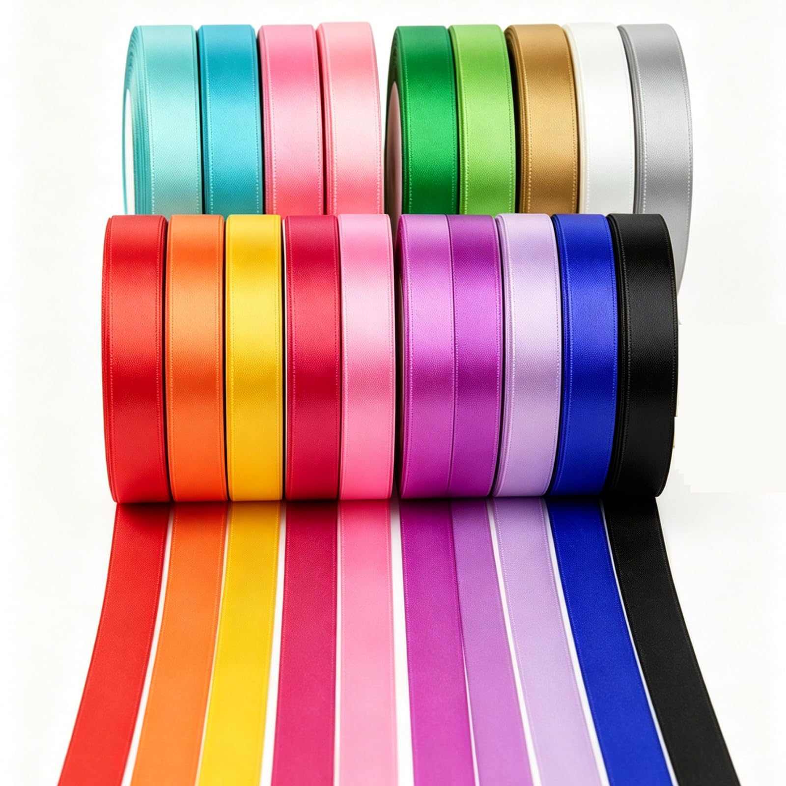 ROOKEA 18 Colors Satin Ribbons for Gift Wrapping 6mm x 22m, Colorful Thin Ribbon Polyester Silk Riband Bulk for Crafting Hair Bows Wedding Bouquets Flower Arrangements Christmas Valentines Party Decor