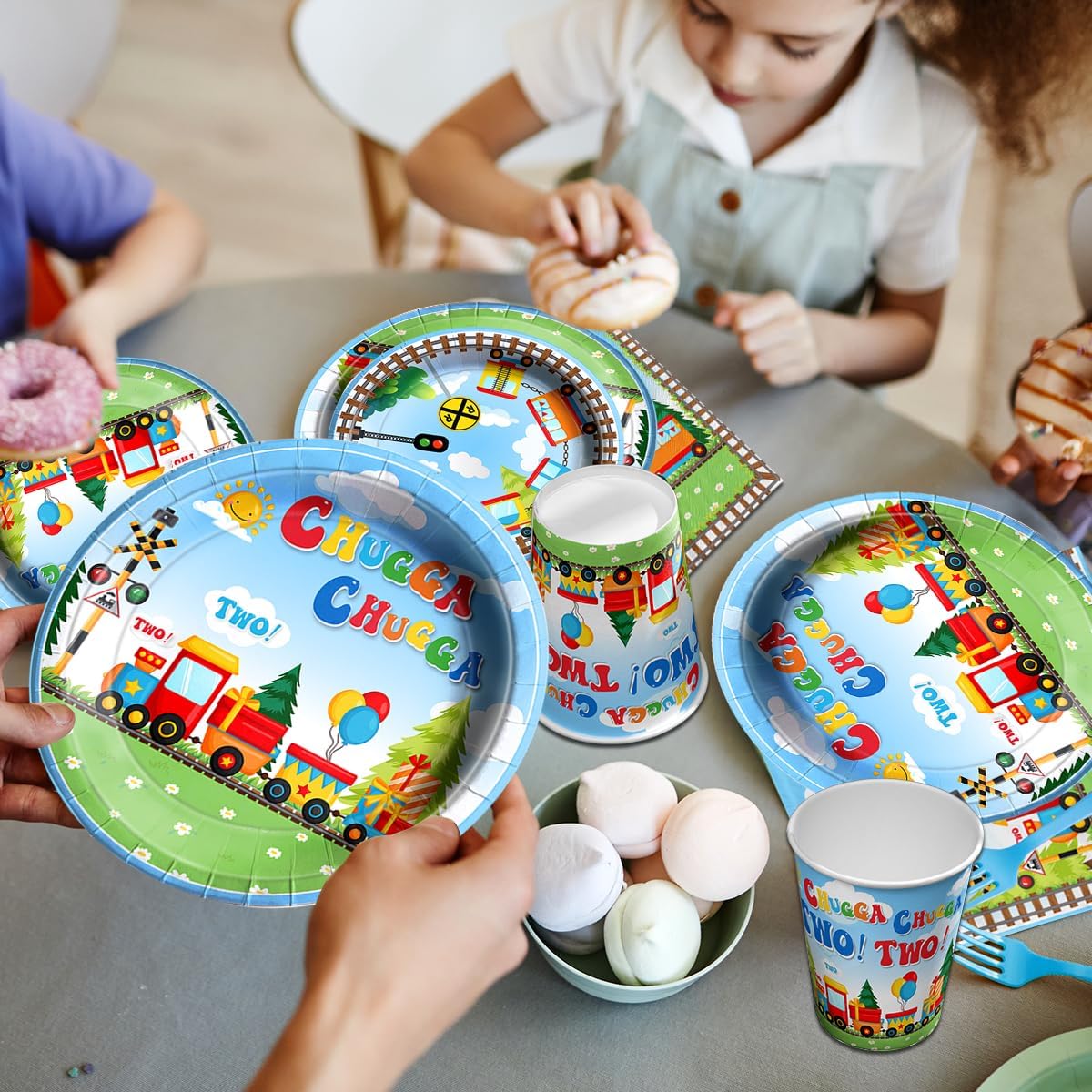 Chuagaa Chugga Two Two 142PCS Birthday Decoration Train Paper Plates Tableware Set - Transportation Table Cloth Banner Cups for 2nd Birthday Train Party Supplies - Image 3
