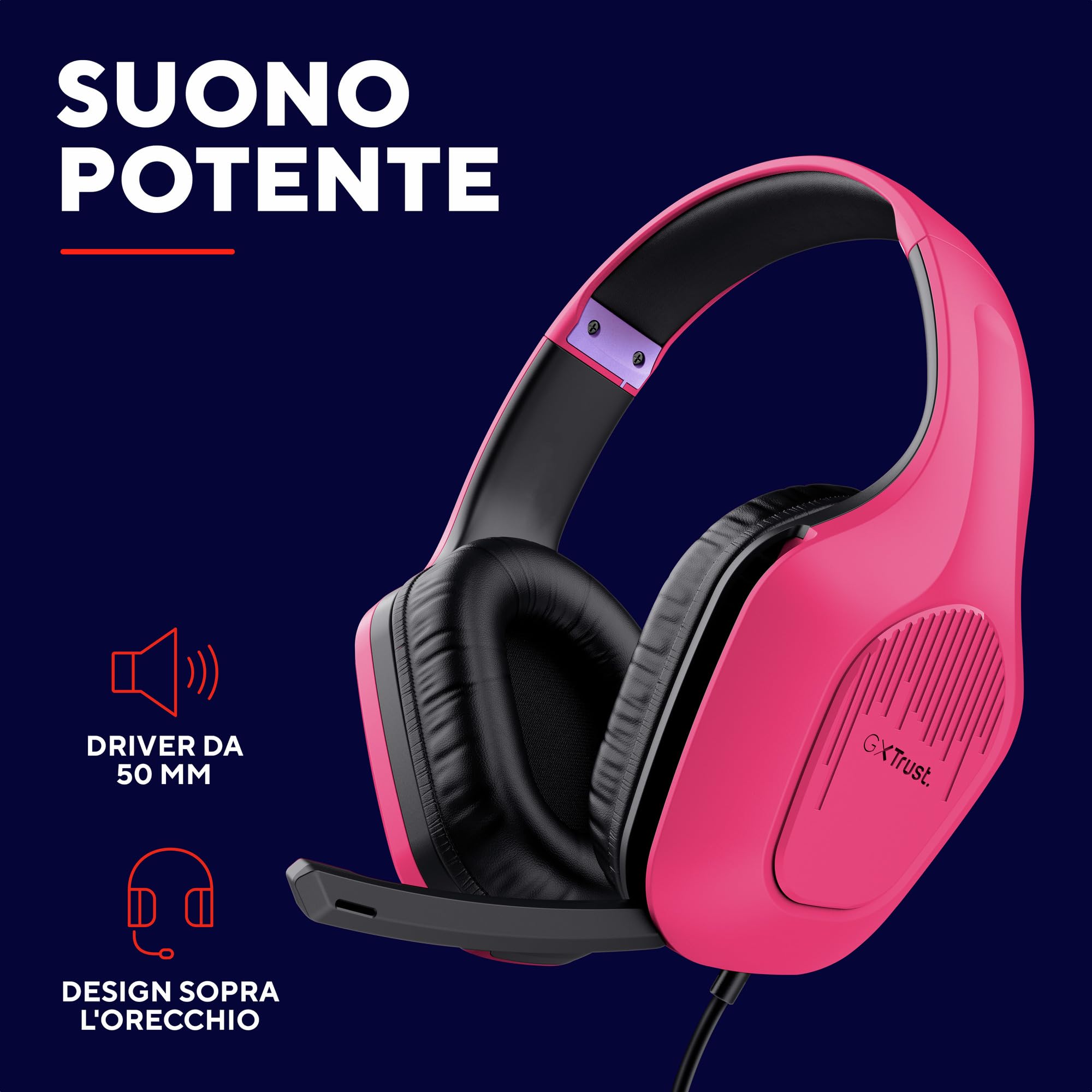 Trust Gaming GXT 418P Rayne Cuffie Gaming Leggere per PC Xbox PS4 PS5 Switch Mobile, Driver da 50 mm, Jack Audio 3.5 mm, Cavo 2m, Cuffie con Microfono Over-Ear, Rosa