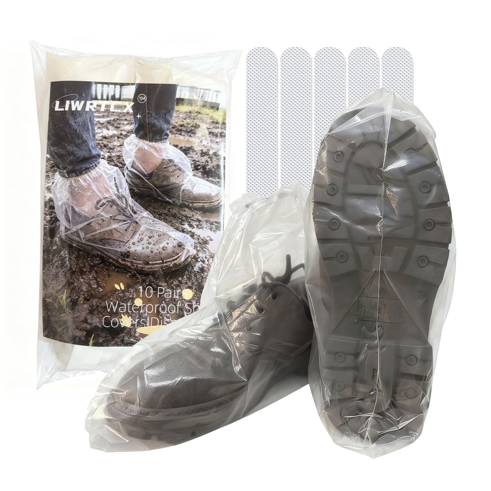 Photo 1 of 10 Pairs Waterproof Shoe Covers Disposable with 20 Anti-Slip Strips, Upgraded Non-Slip Overshoes for Rain & Snow, Heavy Duty Plastic Boot Protectors for Men Women by LIWRTCX (Adult)