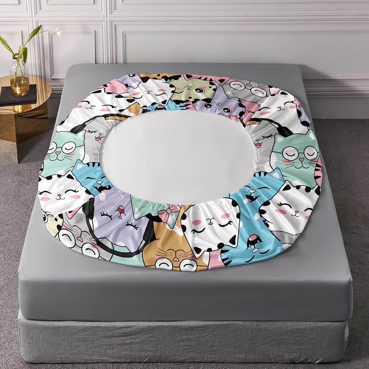 HOSIMA Cute Cat Fitted Sheet,Cartoon Colorful Pet Cat Print Twin Fitted Sheet Set with 2 Pillowcases,Kawaii Toddler Bedding Sets for Girls Boys,Cute Animal Themed Room Decor Aesthetic.