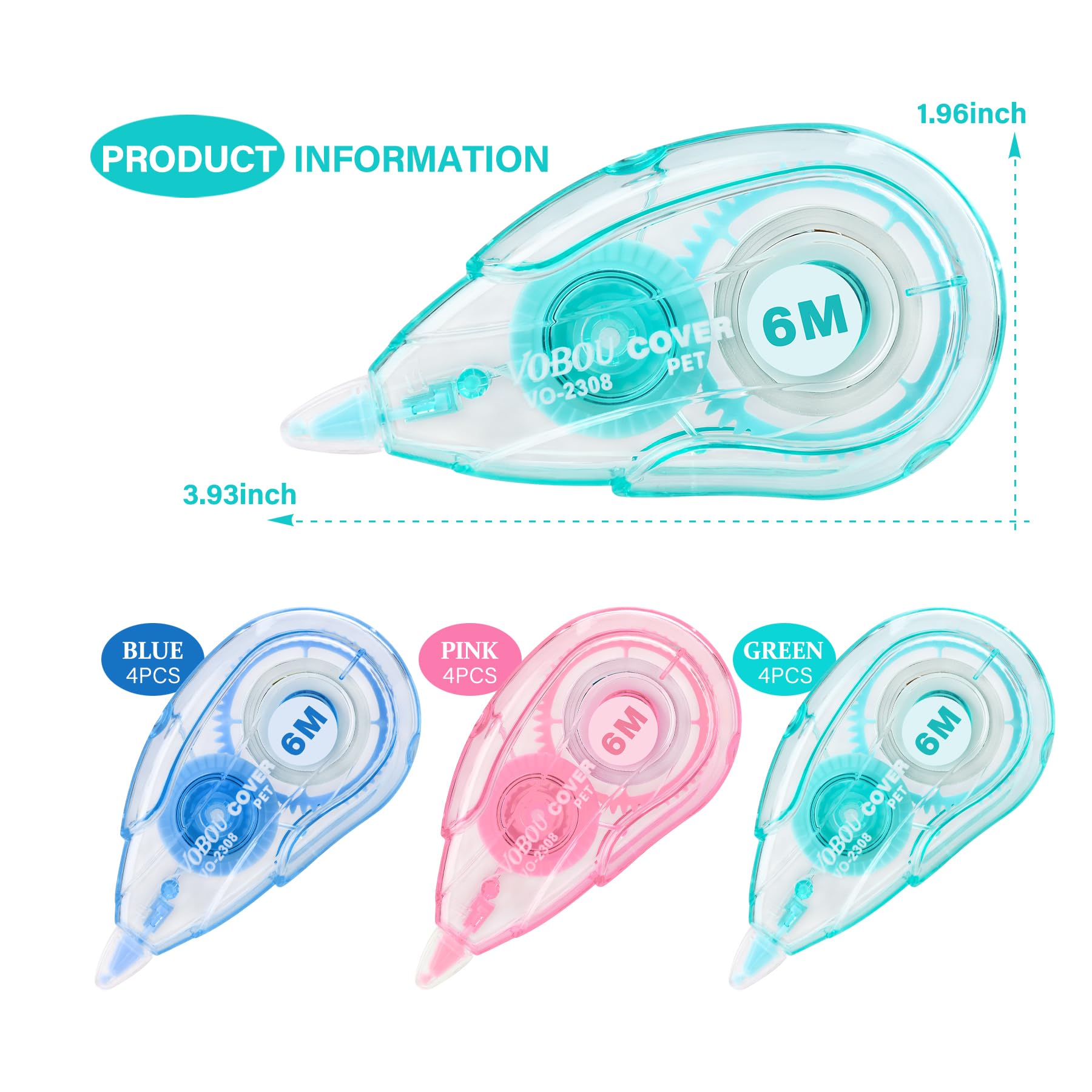 Vobou Cinta correctora Whiteout, aplicador fácil de usar para correcciones instantáneas, corregir la escritura incorrecta en cualquier momento, para la escuela, la oficina (azul, verde, rosa, paquete