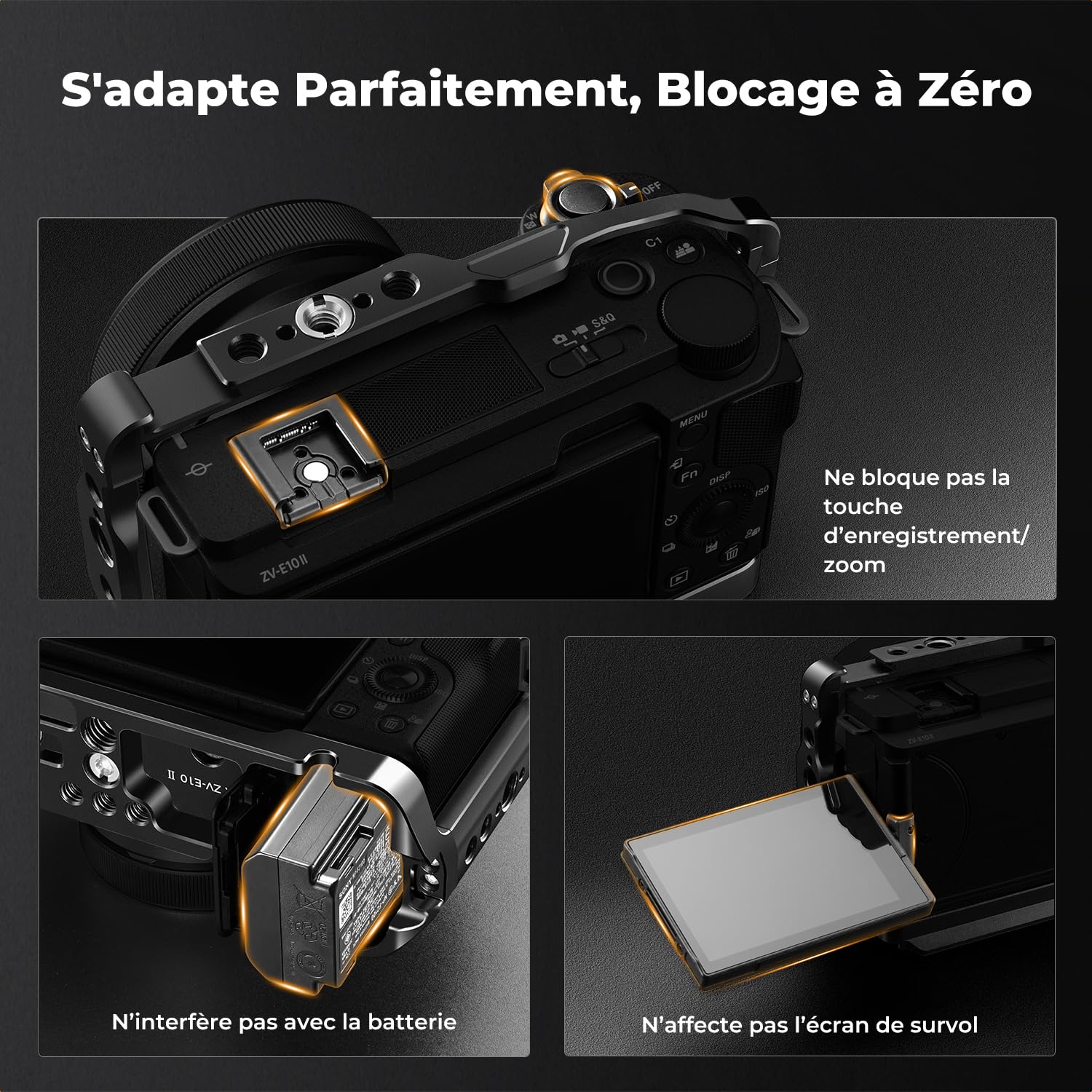 K&F CONCEPT Cage Compatible avec Sony ZV-E10 II en Aluminium Ultra Légère 119g Solide et Stable avec Cold Shoe Filetages 1/4" et 3/8" Base Arca Protection Silicone Démontage Rapide
