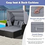 Tangkula Patio Rattan Daybed with Retractable Canopy, Outdoor Wicker Sunbed Lounger with 2 Foldable Side Tables, Thick Seat & Back Cushions, Outside Double Daybed for Garden, Backyard, Porch (Grey)