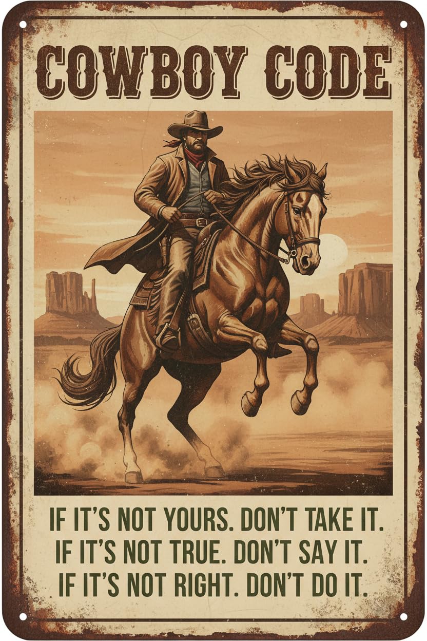 Retro Cowboy Riding Horse Cowboy Code Poster for Home Farm Outdoor Bathroom Restaurant Cafes Bars Club Kitchen Garage Cute Vintage Art Wall Decor 8x12inch