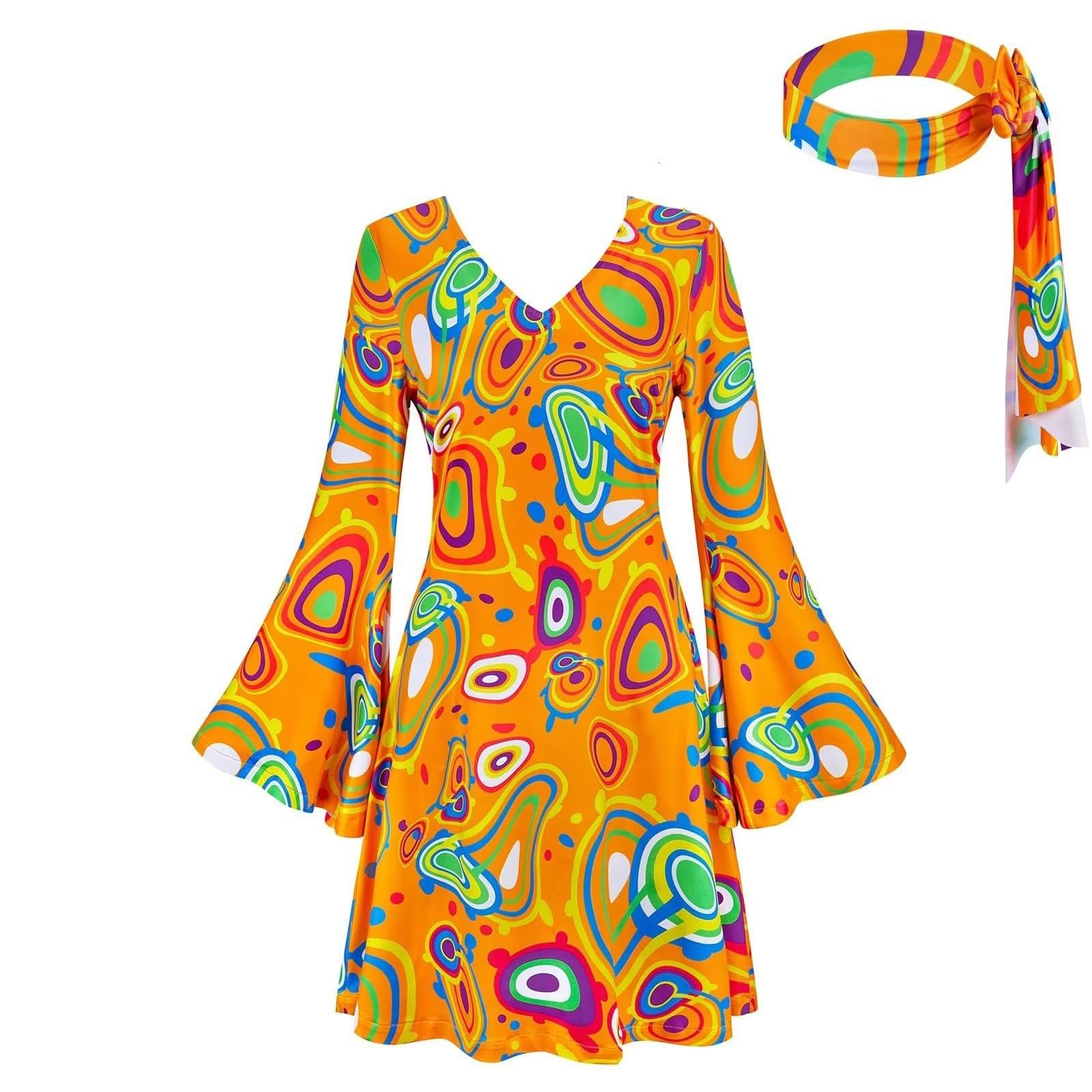 AMDOLE Hippie Costume Women Disco 60s 70s Fancy Dress Retro Party Outfit Dress Up Hippy Clothes Fancy Dress for Women Adult Ladies 1970s Hippie Costume Halloween Dresses Headband B-Orange XXL โ image 1