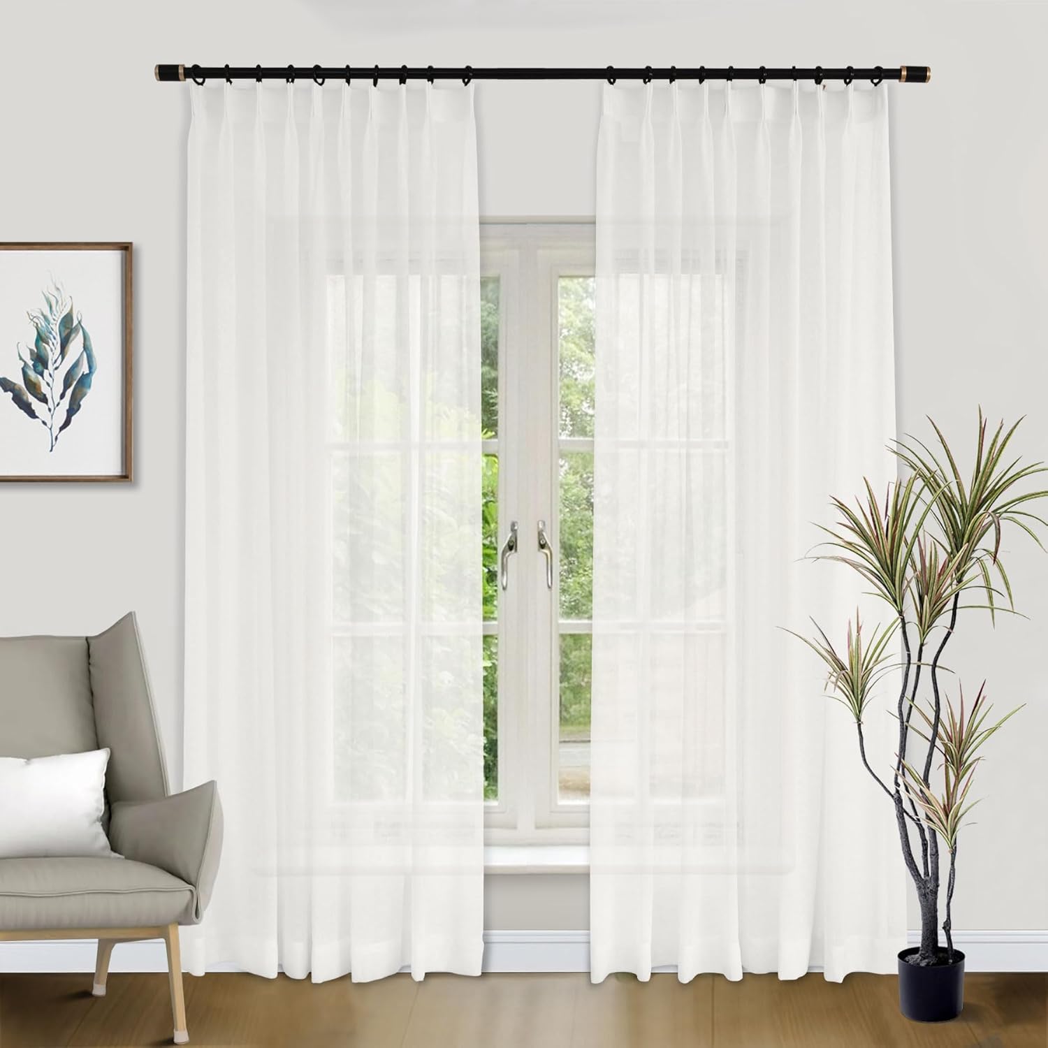 Macochico Pinch Pleated Sheer Curtains with Hooks Natural Linen Look Semi-Sheer Pleated Curtain for Living Room Bedroom Windows Farmhouse Drapery White with Tieback 52" W x 96" L 1 Panel