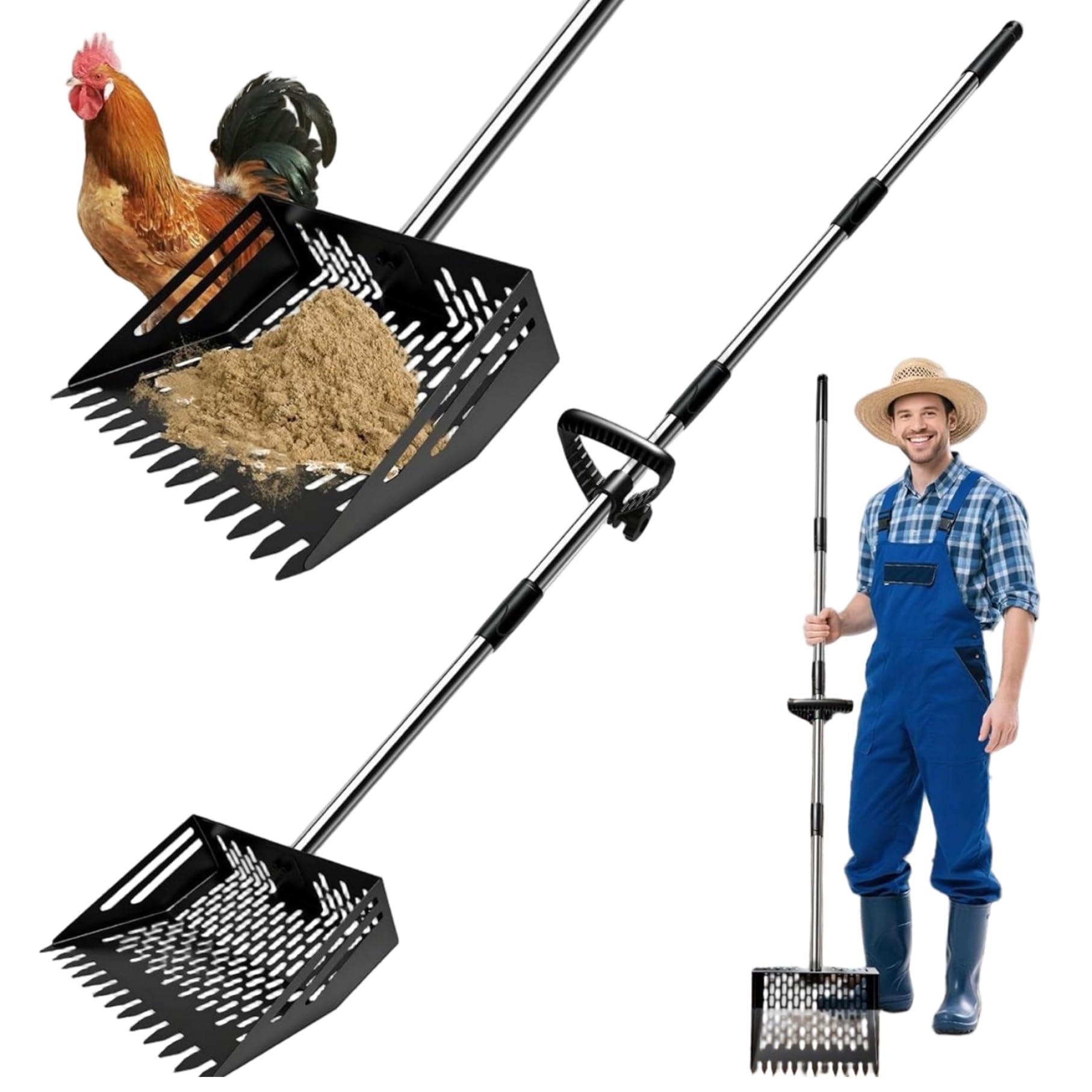 Pelle à crottes de poulet en acier inoxydable durable avec râteau intégré pour abri