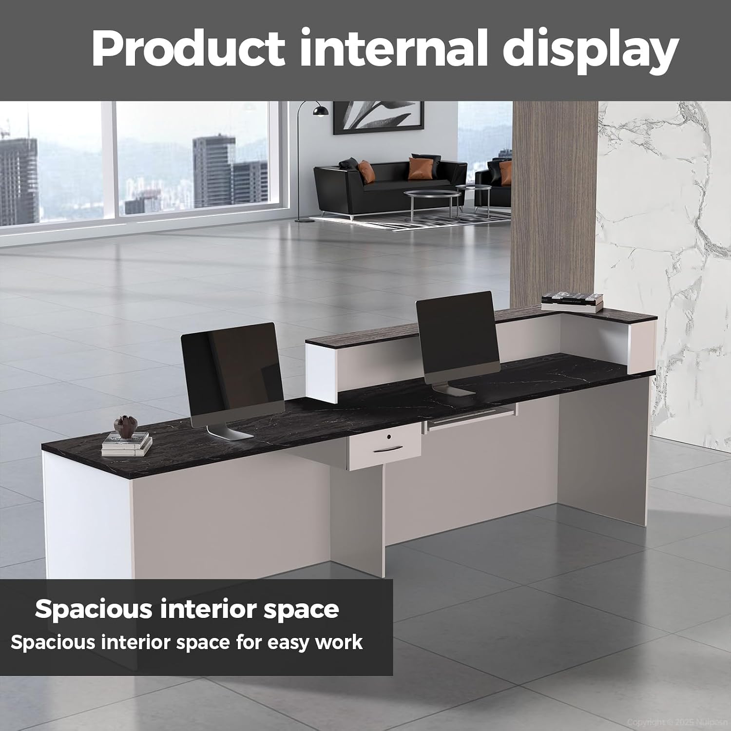 Modern Reception Desk with Counter, Storage, Keyboard Tray, and Lockable Drawers, Sleek Front Desk for Office, Salon, Store, and Commercial Spaces (White+Black/Right, 71" L*24" W*39" H)
