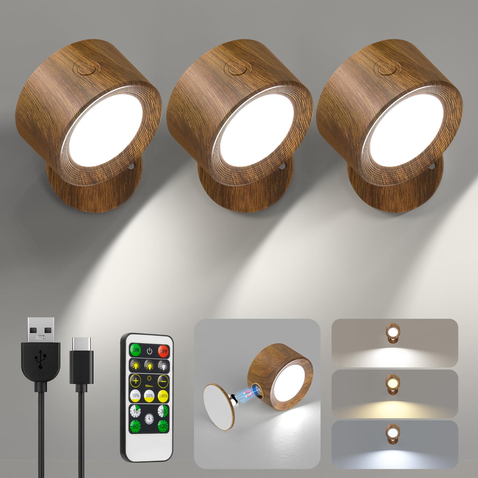 Racokky LED Wall Mounted Reading Light, Rechargeable Wall Sconces & Remote