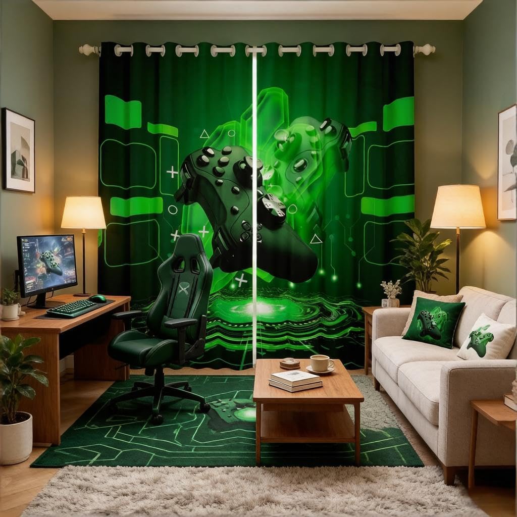 Loussiesd Gamer Curtains for Boys Bedroom Kids Teens Gaming Decor Window Video Game Drapes Room Children Playing Gamepad Green Geometric Treatments W46xL72