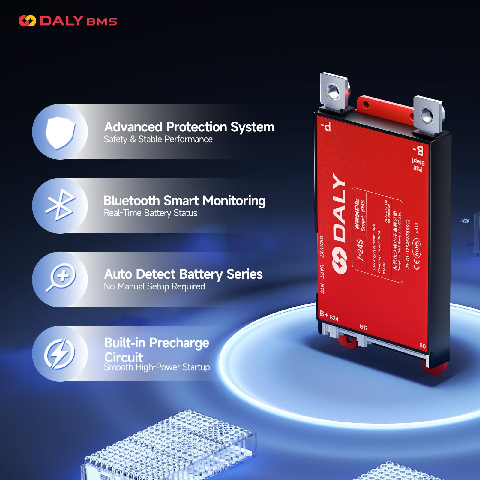 DALY BMS 24V–84V 30A – Integriertes Bluetooth, 7S–24S Li-Ion LiFePO4 LTO Smart Lithium Batteriemanagementsystem