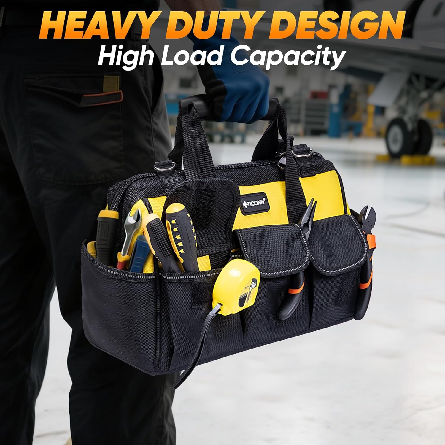 TICONN Heavy Duty Tool Bag with Multi-Pockets, Portable Tool Box Organizer Storage Bag, with Adjustable Shoulder Strap and Ergonomic Handle (Black, 16" Standard Base) - Image 7
