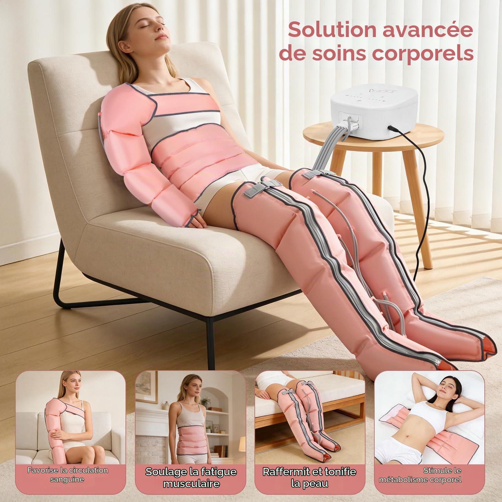 Appareil De Massage 3-En-1 à Compression D‘Air Pour Mains, Jambes Et Bas Du Dos - Pompe Ultra-Silencieuse, 4 Cellules IndéPendantes, 10 Niveaux De Pression, Minuterie, 4 Programmes Automatiques