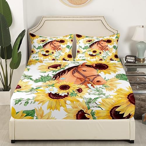 Miniatura 3 de Manfei Juego de sábanas de caballo tamaño King, juego de ropa de cama de girasol amarillo para decoración de habitación de niños y niñas, juego de