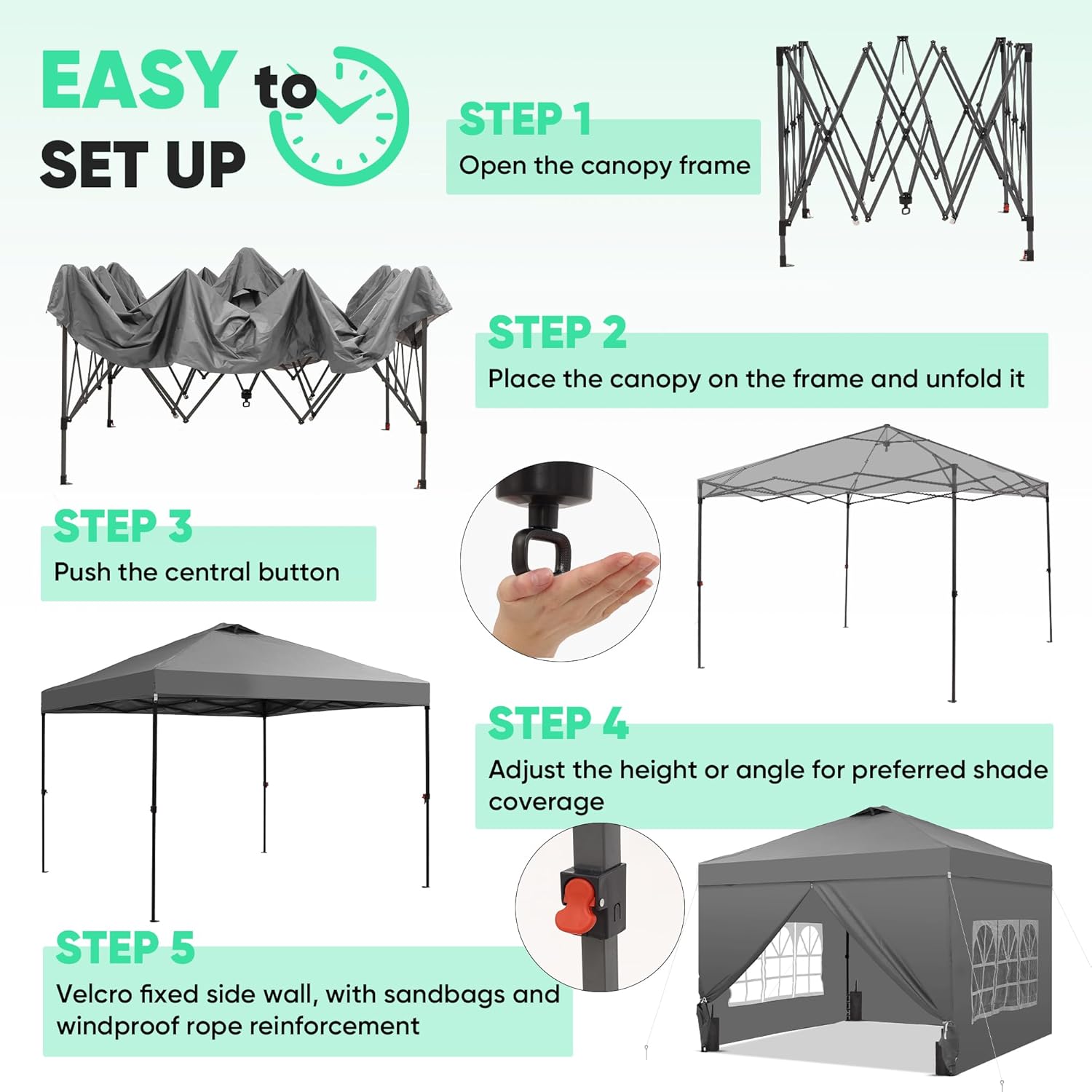 GDY 10x10 Pop Up Canopy Tent with 4 Sidewalls, Easy Set up with One Push Lift Outdoor Silver Coated Beach Gazebos, Carpas with 4 Sandbags, for Events, Parties,Camping, Gray.