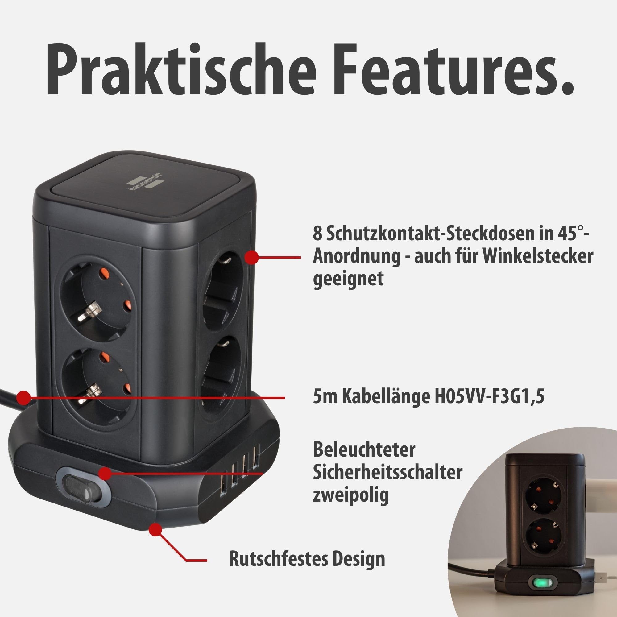 Brennenstuhl Steckdosenturm 8-Fach mit USB (Steckdosenblock 8-Fach mit 4X USB, Steckdosen in 45°-Anordnung, 2m Kabel) schwarz