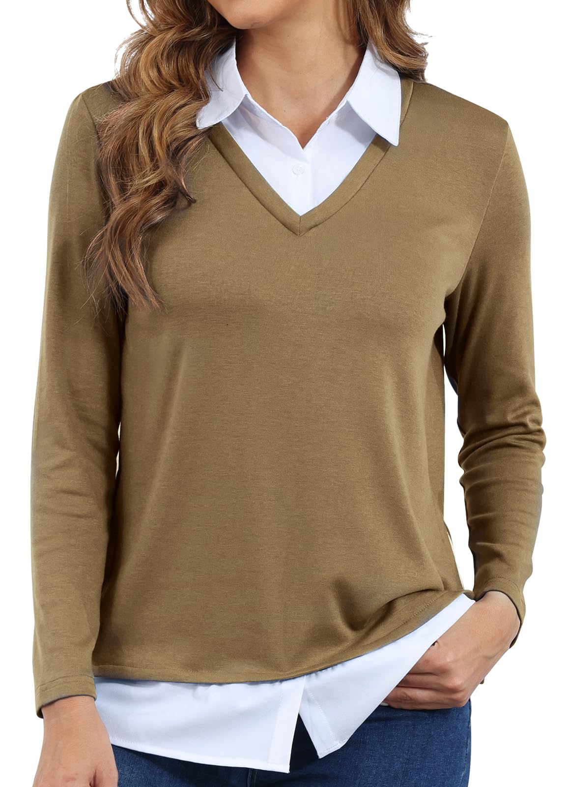 Vldnery Womens Fall Winter Sweater 2025 Trendy Clothes Oversized V Neck Long Sleeve Shirts 2 in 1 Outfit Casual Pullover Tops