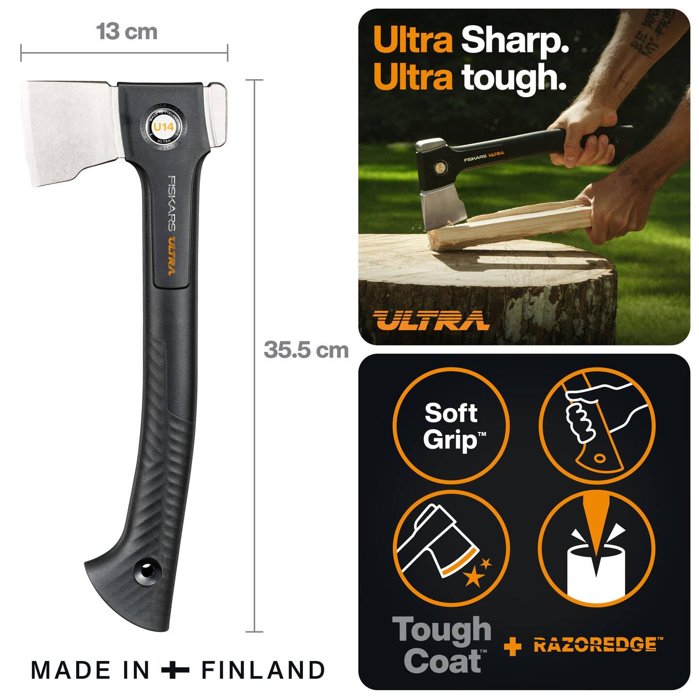 Fiskars Ultra Universalaxt U14, Kompakte Allzweck-Axt für Garten und Outdoor, ToughCoat-Beschichtung, Optimierte Balance, Karbonstahl-Klinge/FiberComp-Stiel, 35,5 cm, Schwarz, 1086010