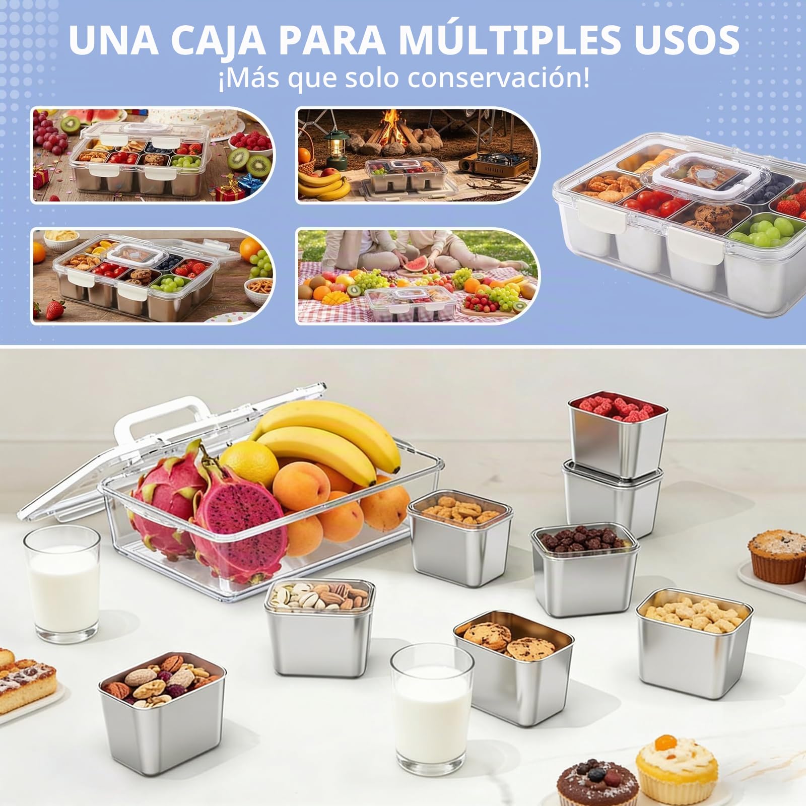 Recipiente para Snack, Tupper Compartimentos, El Acero Inoxidable Es Fácil De Limpiar Y Evita Los Malos Olores, La Caja para Snacks para Almacenar Fruta, Snacks Y Otros Alimentos
