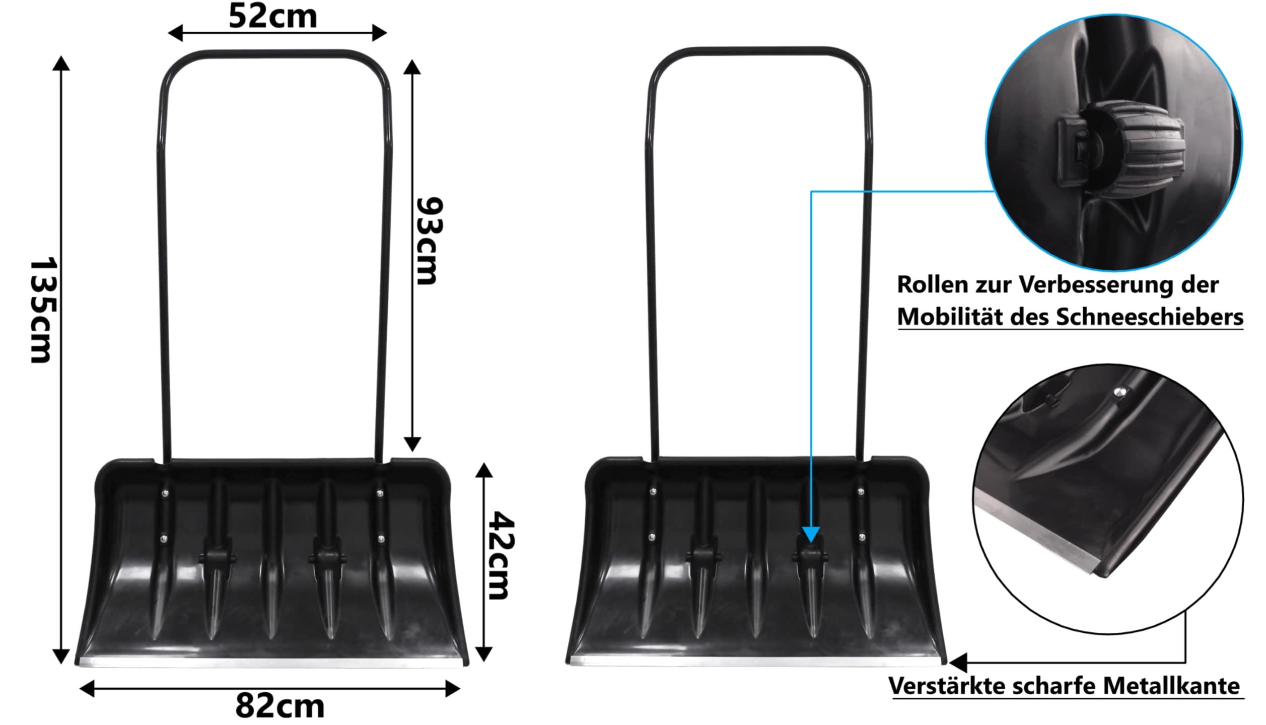 Schneeschaufel 82 cm mit Rädern und ergonomischem Griff Schneewanne mit Alu-Profilkante Metall-Stiel Kunststoff-Blatt Schneeschieber Eckig robuste Kratzschaufel Aluminiumkante