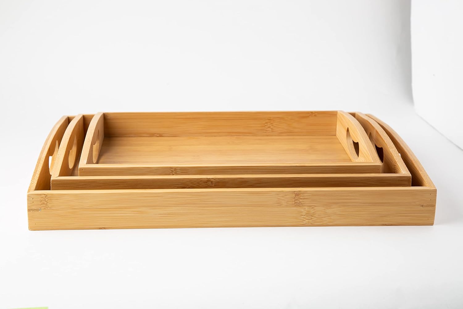 Bamboo Serving Trays with Handles – Set of 3 Bamboo Trays That Nest – Large, Medium and Small Trays for Food, Ottoman Décor & More – Bamboo Trays for Breakfast in Bed and More - Natural Color : Home & Kitchen