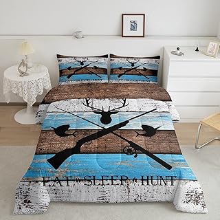 Castle Fairy Kids Hunting Themed Comforter Set Full Size,Retro Rustic Wooden Board Bedding Comforters for Girls Teens,Deer Fish Wild Animal Down Comforter with 2 Pillowcases,Chic