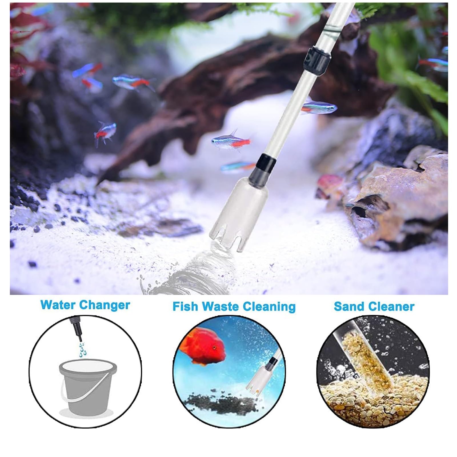 Scambiatore d'acqua per acquario, pompa a sifone manuale per una facile pulizia, strumento di aspirazione e lavaggio della sabbia 3 in 1, ideale per acquari e ambienti acquatici
