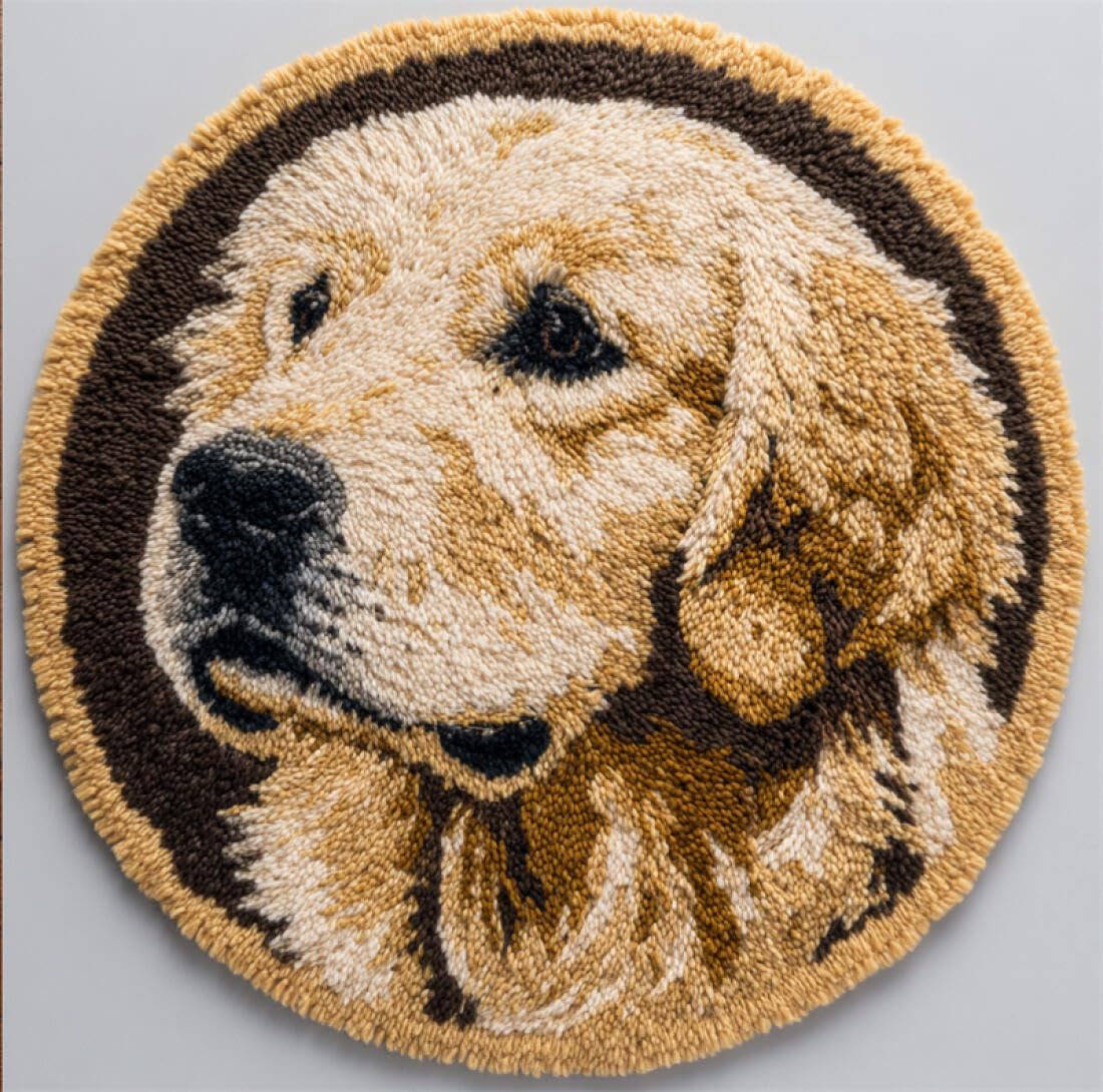 Rqwybcaxn DIY Latch Hook Rug Making Kits for Adults Animal Crochet Hooks Set Golden Retriever Portrait 50x50cm Round Tapestry with Crochet Hook Living Room Craft Gift