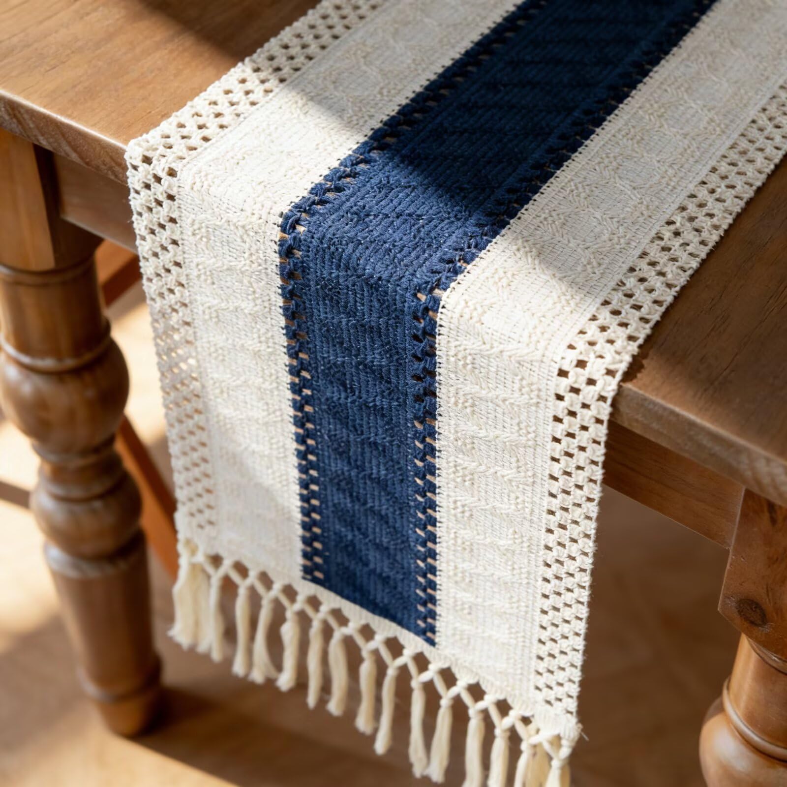 Camino de Mesa de algodón y arpillera Tejido a Mano con borlas, Estilo rústico de Granja for Cocina Bohemia(Blue Stripes,450cm)