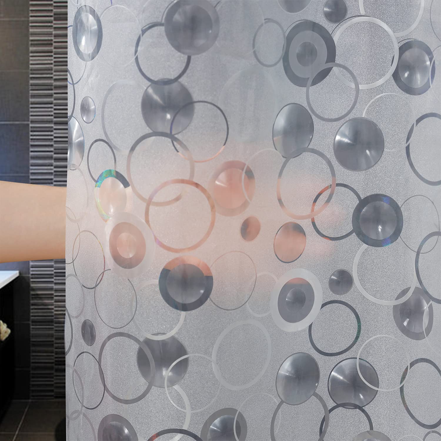 AooHome Cortina de ducha corta de plástico de 66 pulgadas – Cortina de ducha de EVA con diseño circular 3D con ganchos, 5 imanes inferiores, 10 g, resistente, repelente al agua, semitransparente, 72 x