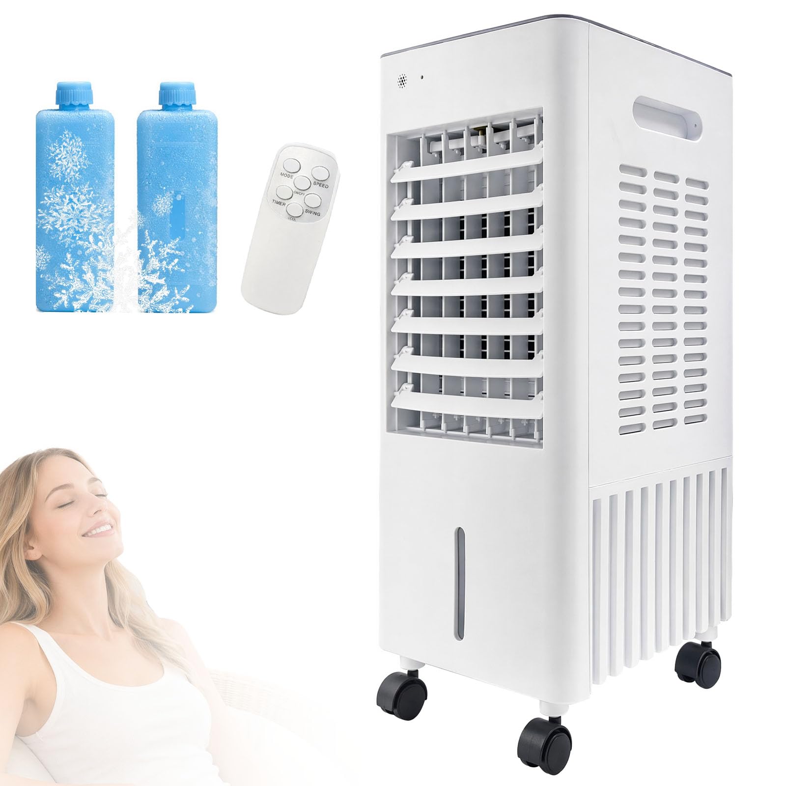 Rafraîchisseur d'air 4-en-1 Mobile sans Tuyau d'évacuation, Réservoir 12L avec 2 Blocs de Glace, Climatiseur Portable, Humidificateur, Purificateur, Télécommande, Minuterie 7.5h