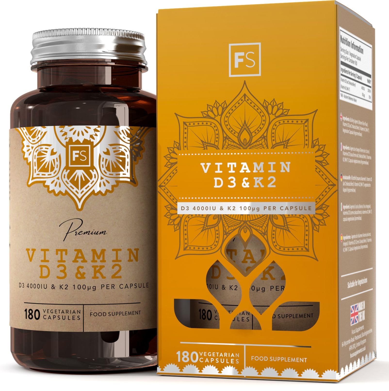 FS Vitamina D3 4000iu y Vitamina K2 100μg Capsulas | 180 Tabletas de Alta Potencia | Suplemento de Vitamina D3 y K2 | Sin OGM, Gluten, Alergenos o Lácteos