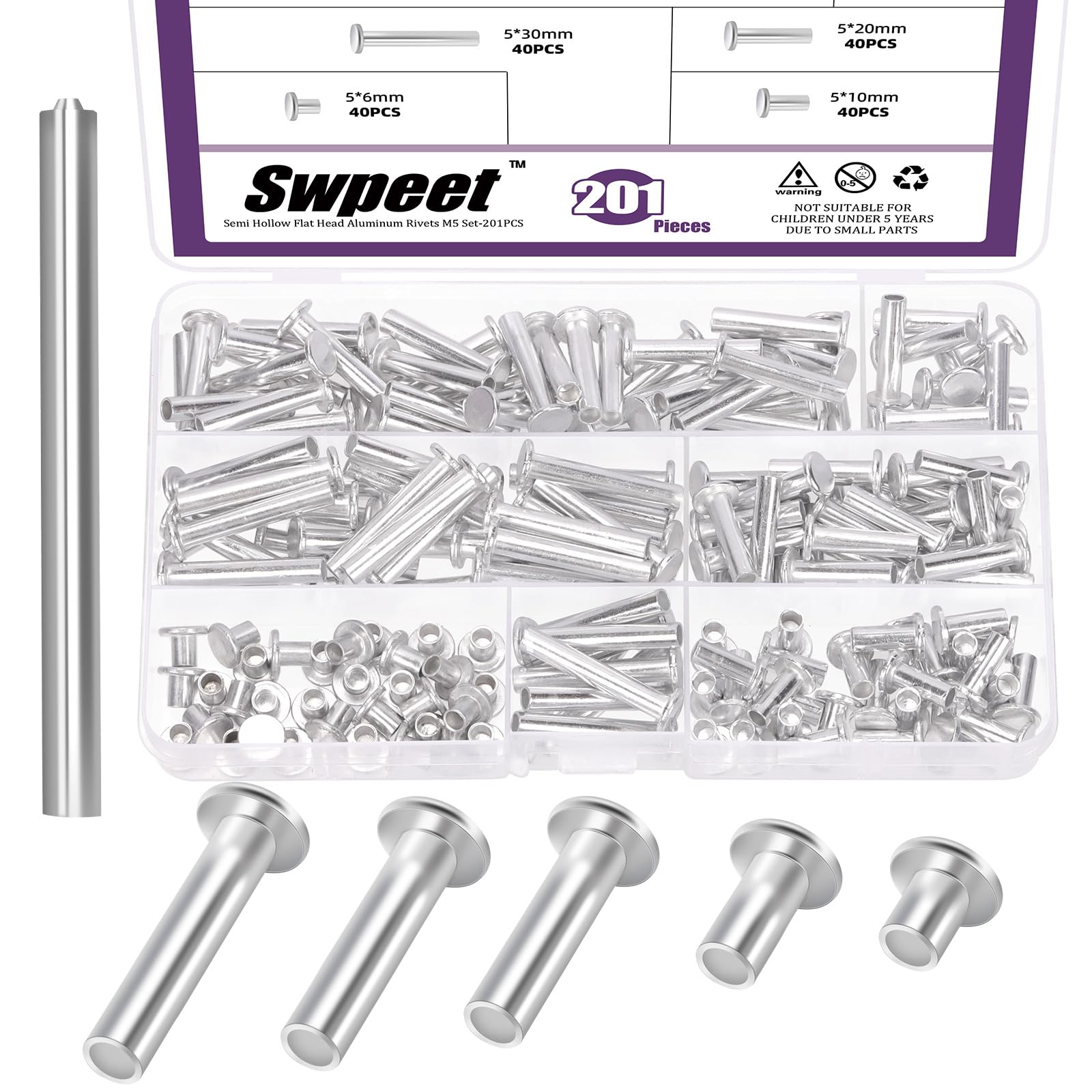 Swpeet 201Pcs 5 Sizes M5×6mm/12mm/20mm/25mm/30mm Aluminum Flat Head Semi Tubular Rivets with Punch Assortment Kit