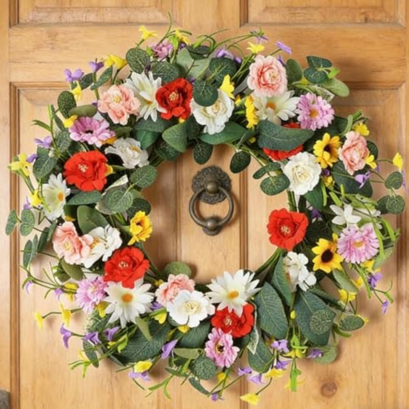Artificial Spring Wreath 45cm Multicolor Rose Daisy Sunflower Floral Wreath with Eucalyptus for Front Door All Season Home (45CM)