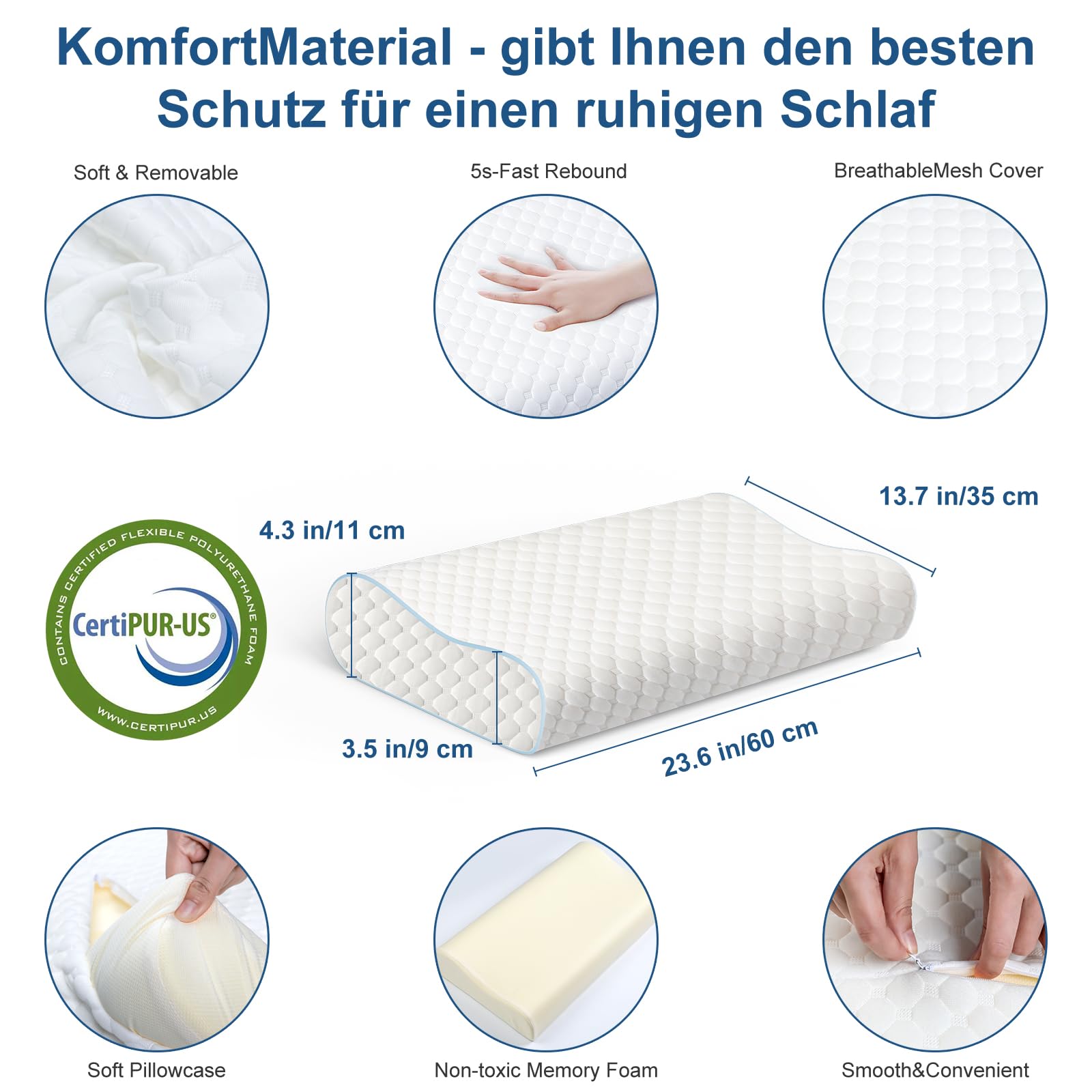 PHYSEN Oreiller Orthopédique Cervical, Cervical à Mémoire de Forme, Oreiller Ergonomique pour la Nuque, Oreiller Hypoallergénique Lavable de Soutien Doux Prime, Anti Ronflement & Anti Douleur
