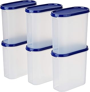 Amazon Brand - Solimo Modular Plastic Storage Container With Airtight Lid BPA-Free Plastic Microwave Safe Dishwasher Safe 1.8 Litres Set of 6 (Blue)