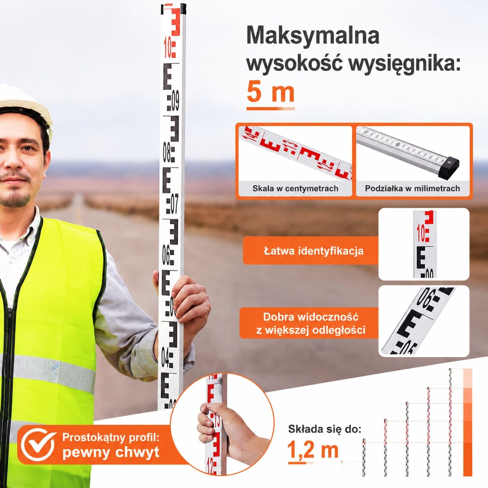 Aluminiowa łata pomiarowa, 5-metrowa teleskopowa łata pomiarowa, dwustronna skala cm/mm, łata niwelacyjna, aluminiowa łata geodezyjna z poziomicą i torbą transportową do pomiaru domów, ścian, pod